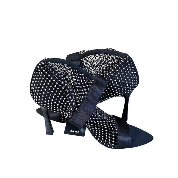 Zara Stretch Mesh Rhinestone Open Toe Stiletto Ankle Booties - Picture 11 of 14